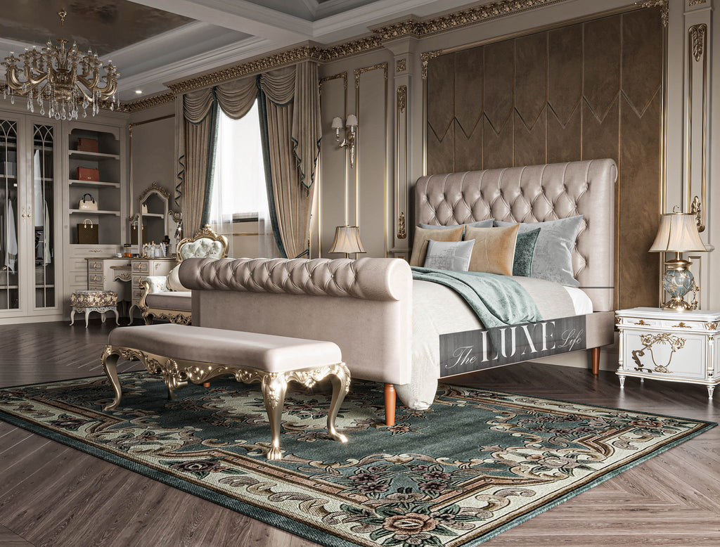 Naomi Scroll Chesterfield Sleigh Bed, Sleigh Bed, Chesterfield Bed, Cream Bed, Scroll Bed, Fabric Bed, Upholstered Bed