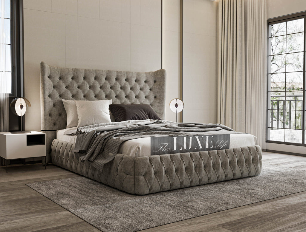 Milo Winged Chesterfield Designer Bed, Winged Bed, Chesterfield bed, designer bed, new bed, upholstered bed, grey bed