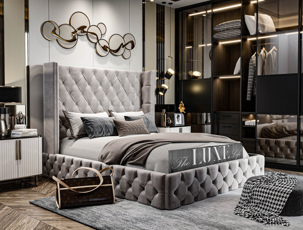 Vale Winged Designer Bed, Winged Bed, Designer Bed, Beautiful Bed, Upholstered Bed, Wingback Bed, New Bed, Fabric Bed, Grey Bed, Plush Bed, Luxury Bed