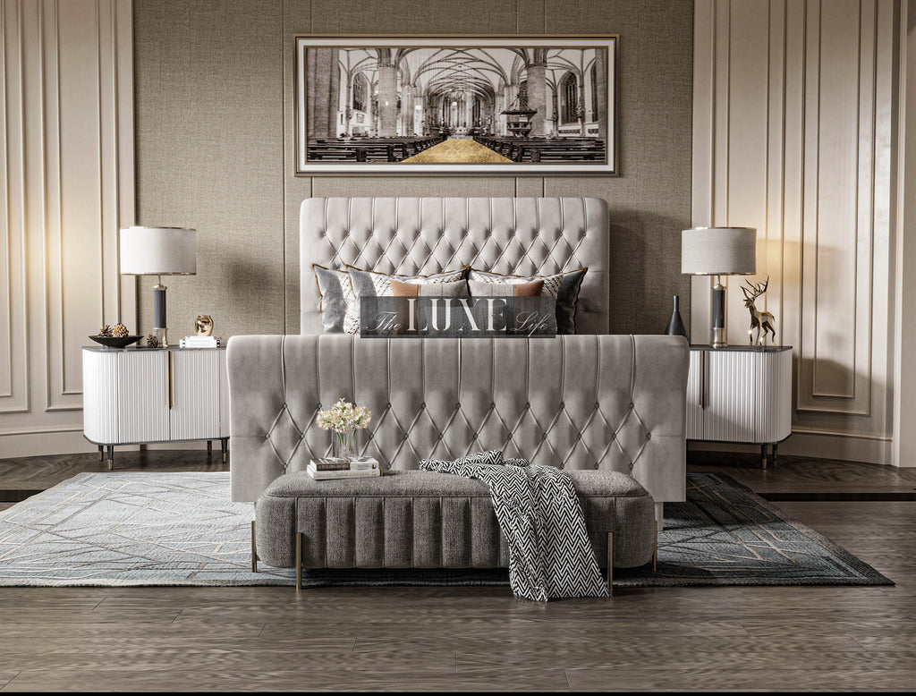 Laina  Upholstered Chesterfield Sleigh Bed, Sleigh Bed, Chesterfield Bed, Upholstered Bed, Fabric Bed, Cream Bed, Naple Bed, Scroll Bed