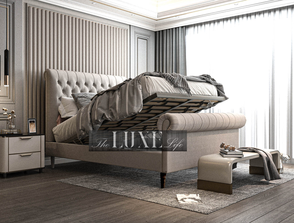 Leonardo Chesterfield Sleigh Bed, Sleigh Scroll Bed, Chesterfield Bed, Fabric Bed, Cream Bed