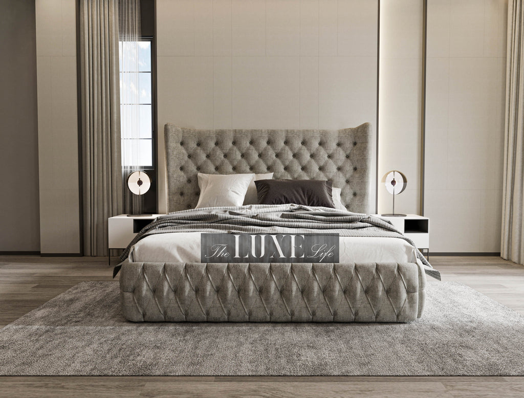 Milo Winged Chesterfield Designer Bed, Winged Bed, Chesterfield bed, designer bed, new bed, upholstered bed, grey bed