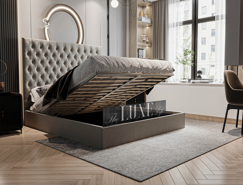 Felicity Ottoman Storage Bed, storage bed, grey bed, storage drawer bed, ottoman gas lift bed, new bed, fabric bed