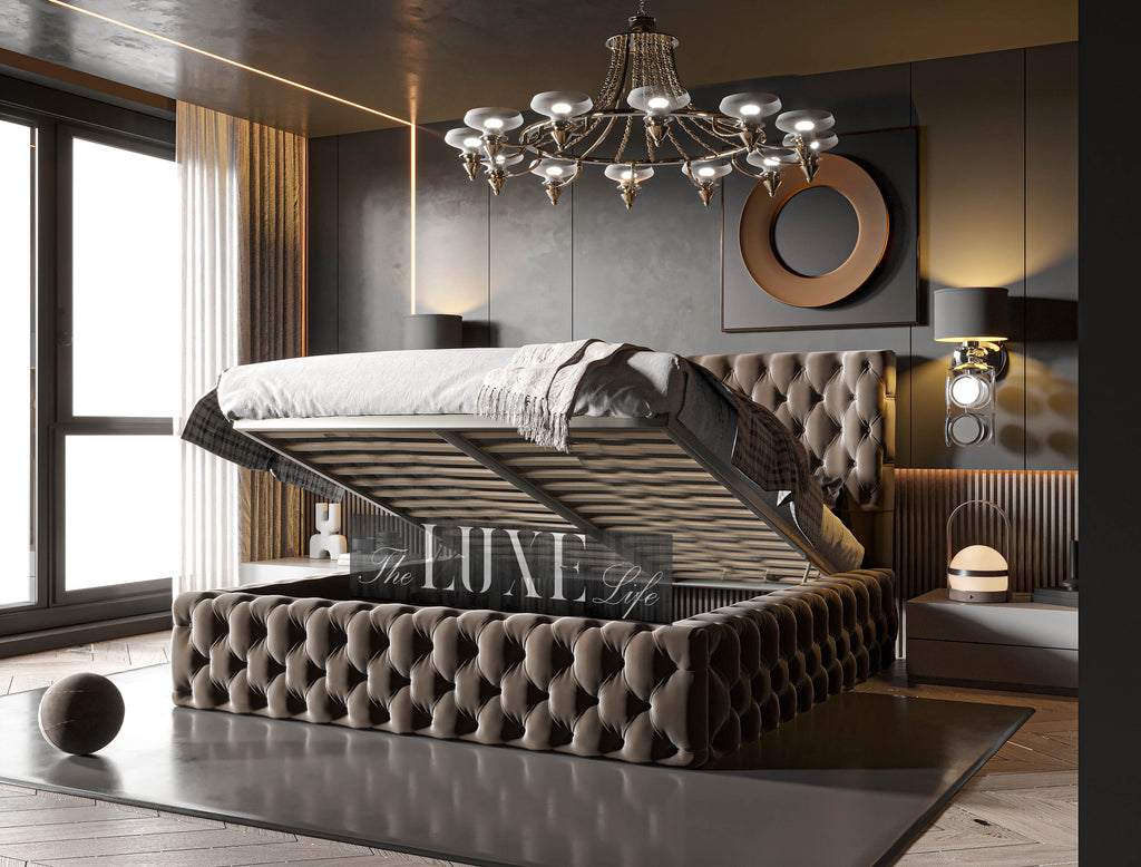 Nexus Thick Round Ambassador Winged Bed, ambassador bed, winged bed, thick winged bed, upholstered bed, grey bed, brown bed, fabric bed