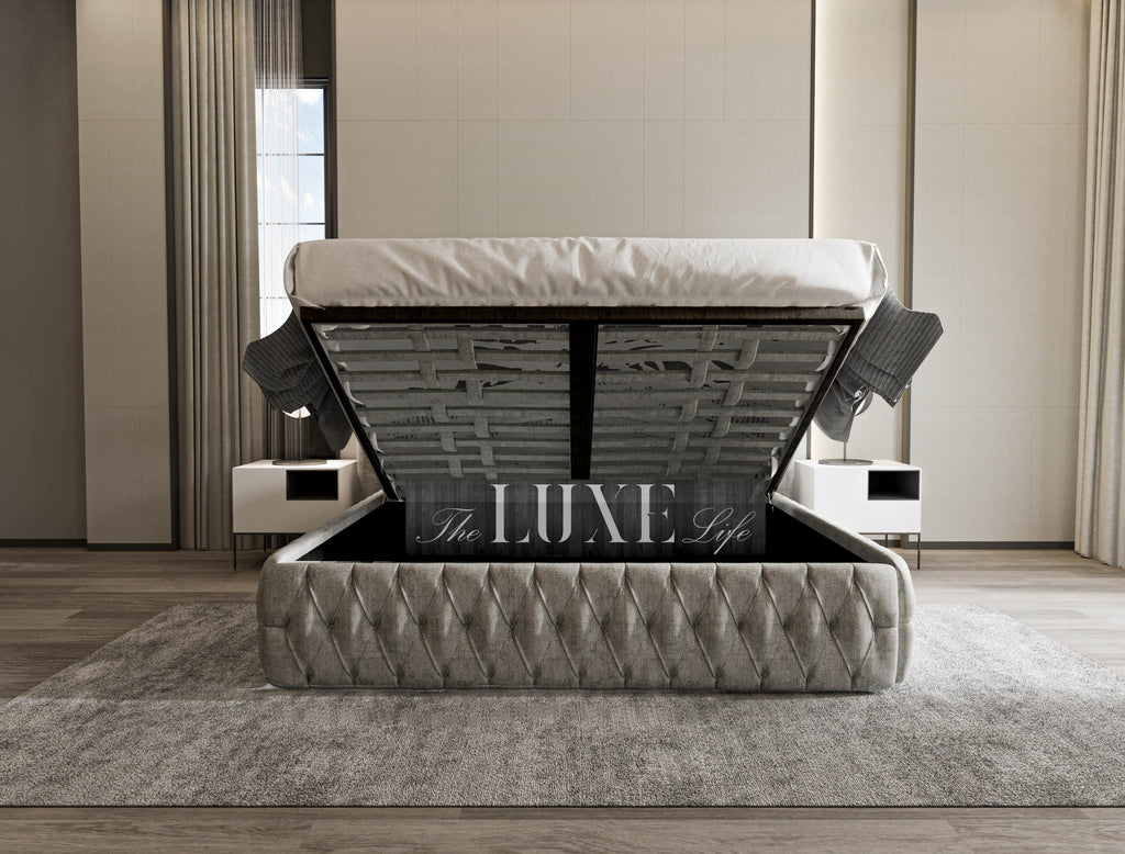 Milo Winged Chesterfield Designer Bed, Winged Bed, Chesterfield bed, designer bed, new bed, upholstered bed, grey bed