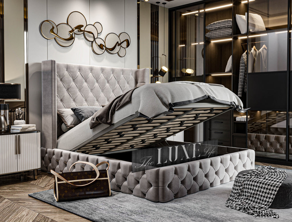 Vale Winged Designer Bed, Winged Bed, Designer Bed, Beautiful Bed, Upholstered Bed, Wingback Bed, New Bed, Fabric Bed, Grey Bed, Plush Bed, Luxury Bed