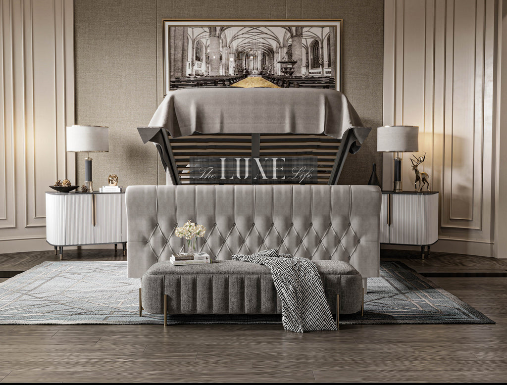 Laina  Upholstered Chesterfield Sleigh Bed, Sleigh Bed, Chesterfield Bed, Upholstered Bed, Fabric Bed, Cream Bed, Naple Bed, Scroll Bed